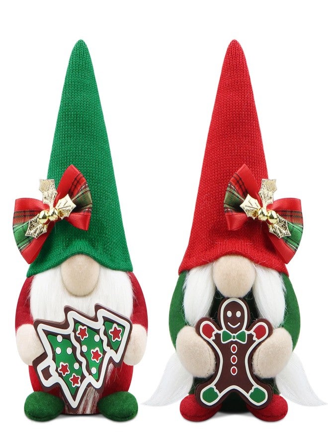 Gehydy Set of 2 Christmas Gnomes Decorations Handmade Gingerbread Candy Gnome Xmas Decor for Home Kitchen Farmhouse Tiered Tray - Red & Geen - Image 1